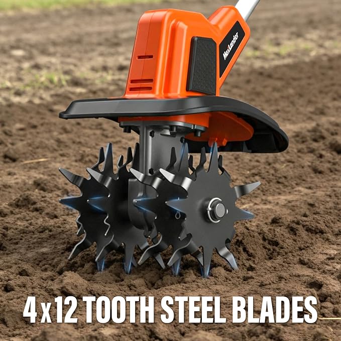 MAXLANDER 20V Cordless Tiller Cultivator, 9-Inch Electric Garden Tiller with 48 Steel Tines, 360RPM Battery Powered Rototiller for Gardening,2 x 3.0Ah Battery and Charger Included
