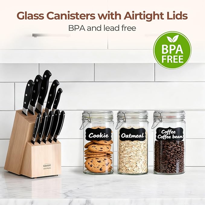 ComSaf 1 Quart Glass Jars with Airtight Lids (32oz, Set of 3), Straight-Sided Canisters for Sourdough Starter & Fermenting, 1L Hermetic Pantry Storage for Flour, Sugar, and Coffee