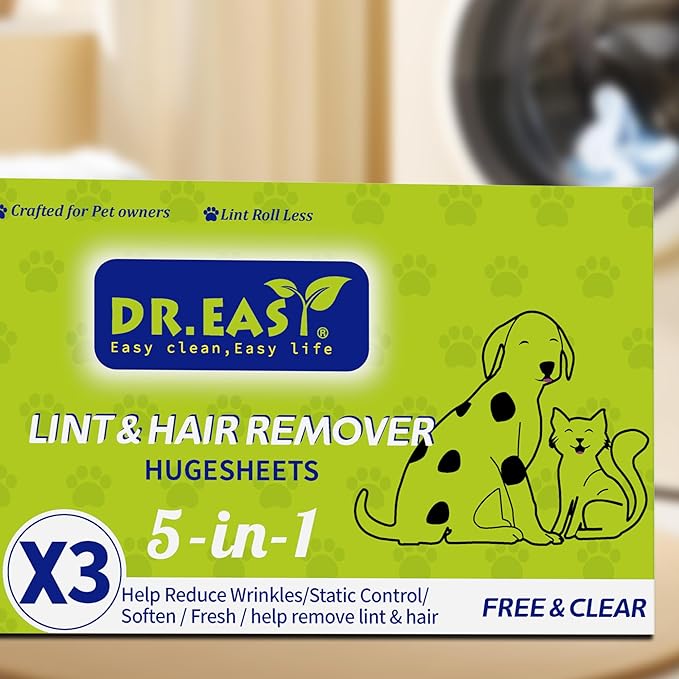 Dr.Easy LINT & HAIR REMOVER Pet HUGESHEETS with 3X Dryer Sheets, Free & Clean, 200 Count,PLANT&MINERAL-BASED FORMULA