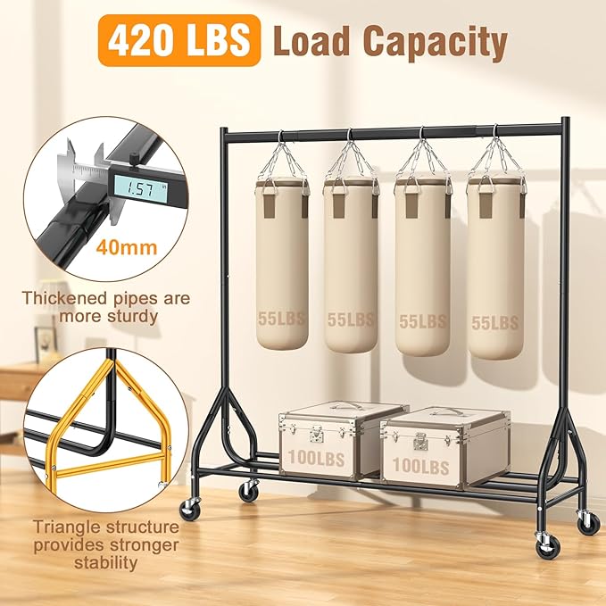 EAGMAK Heavy Duty Clothes Rack Load 420 LBS, Rolling Garment Rack with Lockable Wheels, Standing Metal Clothing Rack, Portable Wardrobe Sturdy Coat Rack for Hanging Clothes (Black, 59″×18.9″×63″)