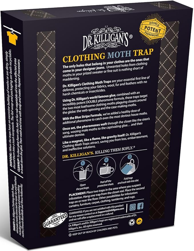 Dr. Killigan's Premium Clothing Moth Traps with Pheromones Prime | Non-Toxic Clothes Moth Trap with Lure for Closets & Carpet | Moth Treatment & Prevention | Case Making & Web Spinning (Black, 6 pack)
