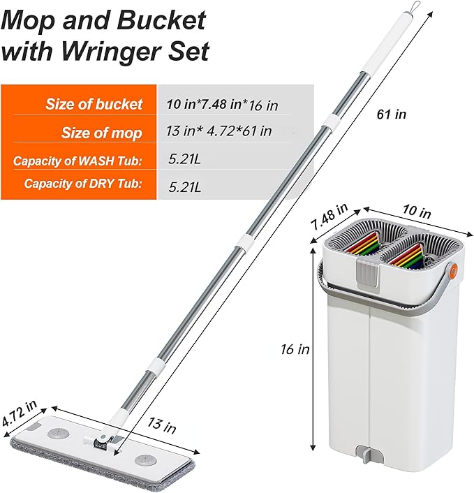 Mop and Bucket Set, Flat Mop and Bucket System, Mop Bucket with Wringer, Wall Mop with Adjustable Handle (Max 61 Inches), 5 Washable Microfiber Mop Pads