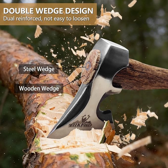 Camping Hatchet -Chopping Axe with Leather Sheath, 14.4" Forged Carbon Steel Wood Splitting Axe for Chopping Camping Survival