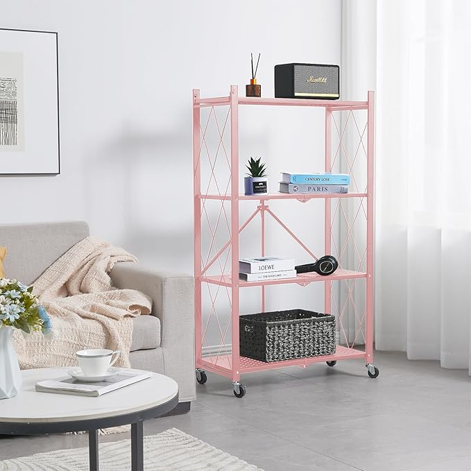 BRIAN & DANY 4-Tier Foldable Storage Shelves with Wheels, Folding Metal Rack Shelving Unit, Heavy Duty No Assembly Organizer Shelf for Garage, Kitchen, Basement, Pantry, Pink