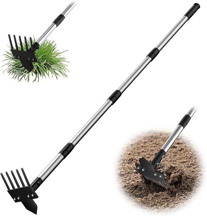 2-in-1 Heavy-Duty Weed Puller Tool with 5-Tine Rake – 30" to 60" Adjustable Handle, Hoes for Gardening, Hoe Garden Tools for Loosening Soil, Planting, Weeding
