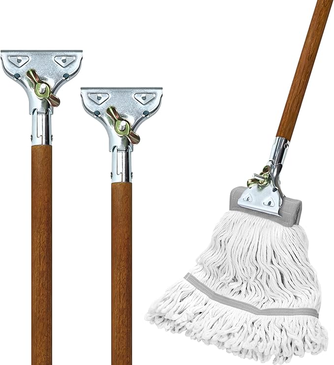 59" Mop Claw Clamp Commercial Mop Handle Pack of 2 Industrial Mop Steelhead with Wooden Handle Wet Mops for Floor Cleaning Heavy Duty (Mops not Included)