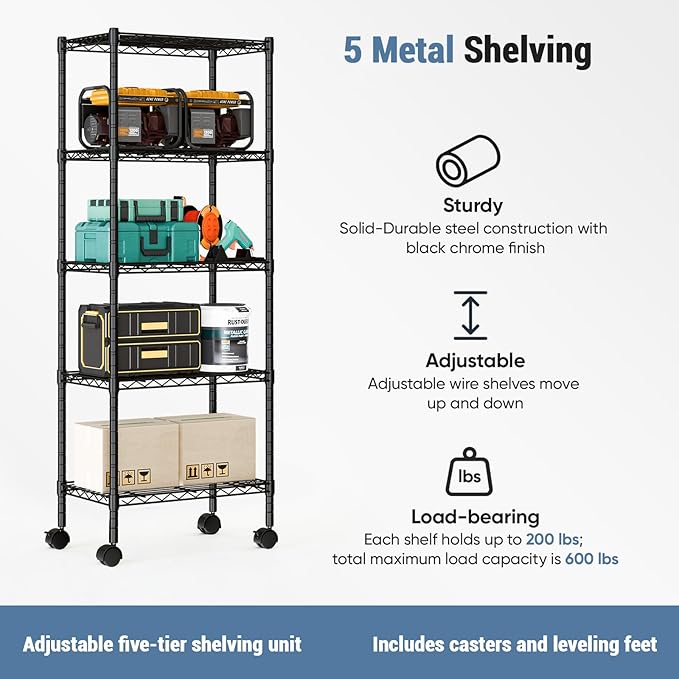 DUMOS 5 Tier Metal Shelving, Heavy Duty Shelves Wire Shelving Unit with Removable Wheel Casters, Shelves Organizer for Bathroom Garage Living Room Kitchen Pantry Laundry Black