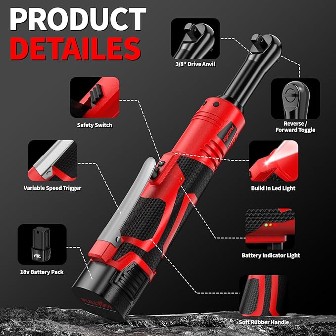 Electric Ratchet Wrench Set, 550 RPM Cordless Ratchet Wrench, 3/8" 18V Power Ratchet Tools with Variable Speed, LED Light, 7 Sockets, 2 Packs 2.0Ah Lithium-Ion Battery and Fast Charger