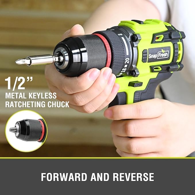 SnapFresh 20V Cordless Brushless Drill Driver, 1/2" Compact Power Drill Set with 500 in-lbs Torque, 20+1 Clutch & 2 Variable Speeds, LED, 2.0Ah Battery & Fast Charger, Electric Tool Kit for Home & DIY