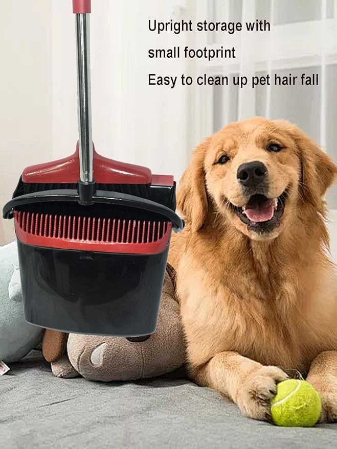 Broom and Dustpan Set, Stand Upright Windproof Dustpan, Long Handle Broom and Dustpan with Teeth for Home Kitchen Room Office Lobby Floor Cleaning (Black+Red)