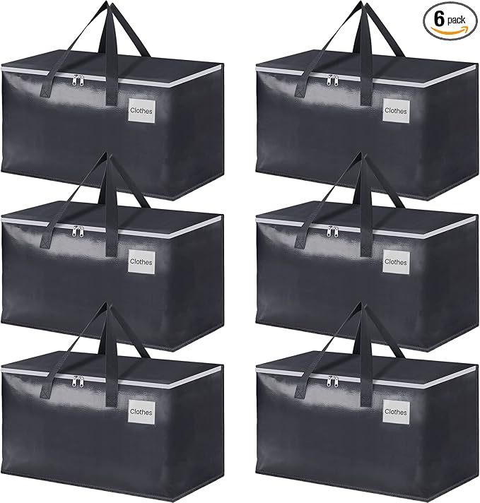 StorageRight Heavy Duty Moving Boxes-Moving Bags with Zipper, Reinforced Handles and Tag Pocket-Collapsible Moving Supplies-Totes for Storage Great for Moving, Storage and Travel 93L(Gray-6 Pack)