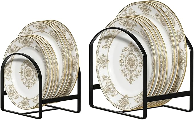 LINFIDITE 2 Pack Kitchen Plate Holder Organizer for Cabinet Space Saver Dinner Plate Storage Rack Upright Dish Drying Racks Metal Dish Stand for Cupboard Countertop Rustproof Black (1 Large 1 Small)