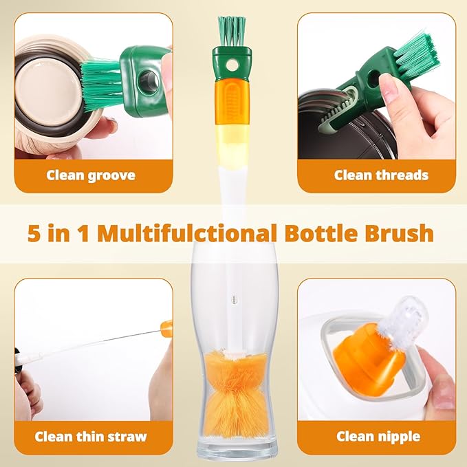 OUTXE 5 Pack Bottle Brush Set, 5-in-1 Water Bottle Cleaner Brush, 15" Long Handle Bottle Cleaning Brush, 3 Straw Brush, Removable Nipple Brush, Detail Brush for Cup Lid Gap, WBBSBLB5