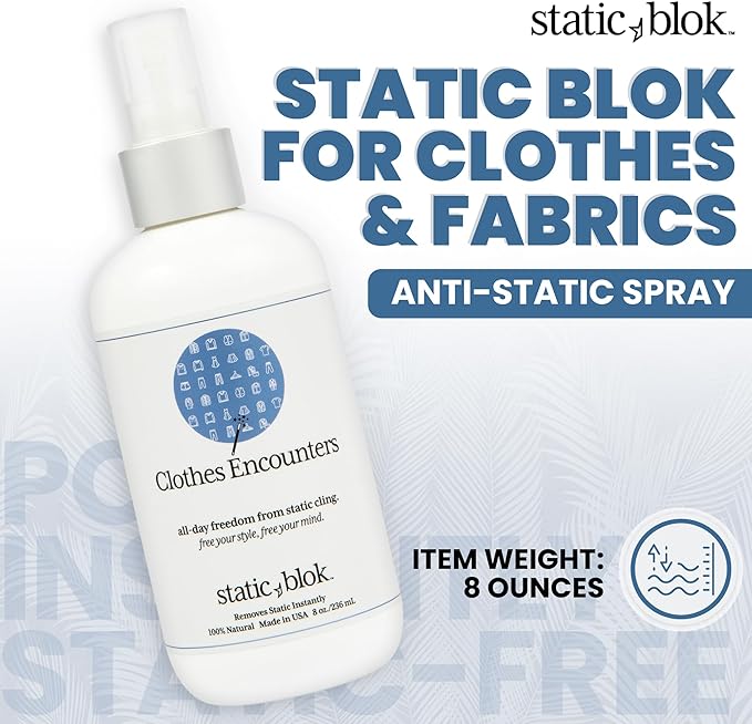 Static Blok Anti-Static Spray for Clothes - Instantly Eliminate Static Cling, Flyaways, and Shocks from Clothes, Fabrics, Linens, Blankets & Rugs- All-Natural Formula - Lasts All Day- 8oz