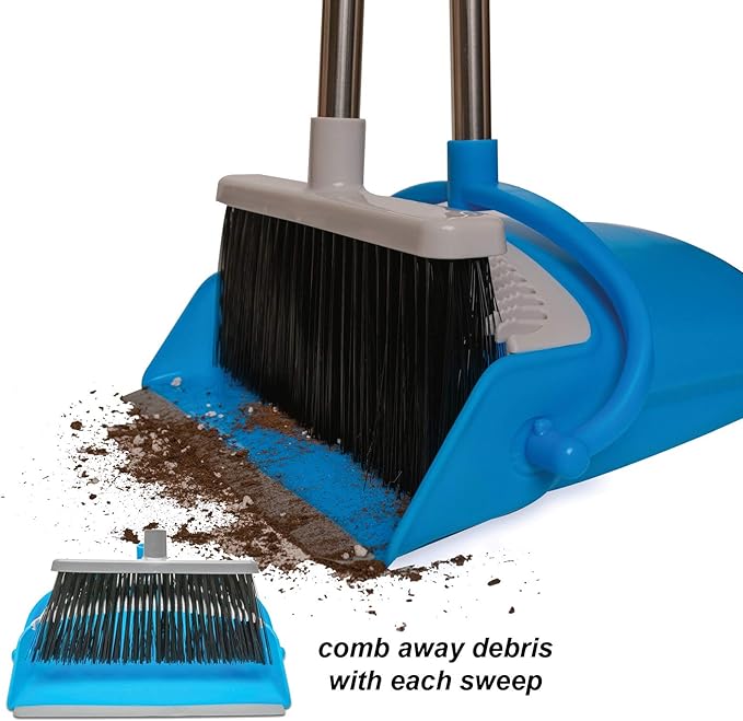 BristleComb Outdoor Broom & Dustpan Set Upright, 49" Long Adjustable Broom, Long Handle, Self-Cleaning Comb & 2 Interchangeable Heads of Different Stiffness - Medium and Coarse