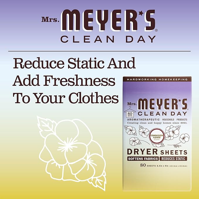 MRS. MEYER'S CLEAN DAY Dryer Sheets, Fabric Softener, Reduces Static, Infused with Essential Oils, Compassion Flower, 80 Count (Pack of 3)