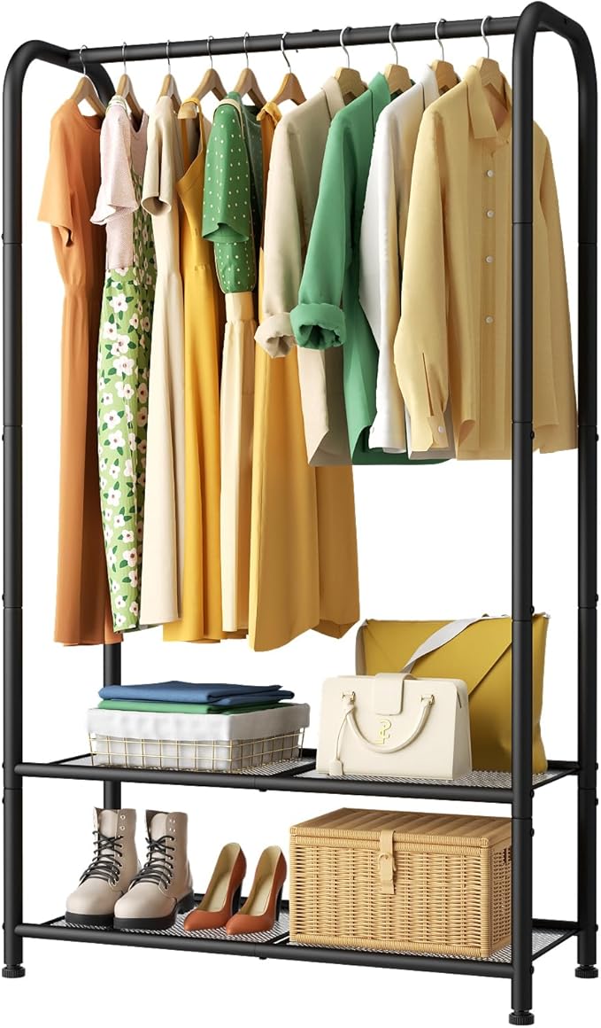 SINGAYE Coat Clothes Storage Organizer Garmen Rack Portable Closet Clothing Racks for Hanging Clothes Heavy Duty Freestanding Wardrobe Laundry with Shelves Black 11.5" D x 32" W x 72" H