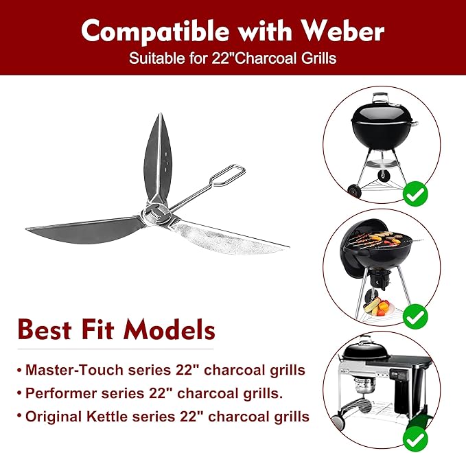 22-1/2-Inch One-Touch Cleaning System Kit for W eber Grill Parts, 7444 Grill Parts for 22" Master-Touch, Performer, Original Kettle Series Charcoal Grills, Thicker, Sturdy, Heat Resistant, Silver