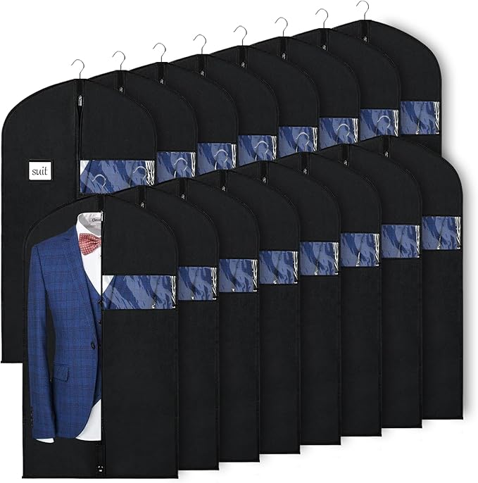 Syeeiex 40‘’ Suit Bag, Set of 16 Garment Bags for Hanging Clothes, Suit Covers Bags, Suit Bags for Closet Storage with Clear Window, Suitable for Suits, Shirts, Jackets, Sweaters, Winter Coat(Black)