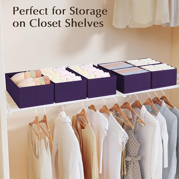 DIMJ Drawer Organizers Clothes, Set of 8 Dresser Organizer Bins, Fabric Closet Organizers and Storage, Shallow Drawer Dividers for Nursery, Clothing, Baby Clothes, Socks, Underwears, Tie (Purple)