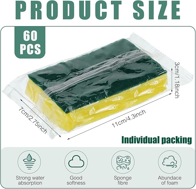 Tanlade Individually Wrapped Sponge Dishwashing Sponge Bulk Non Scratch Scrub Sponges Kitchen Scouring Pad for Household Cleaning Rental Dishes Hotel Apartment Car