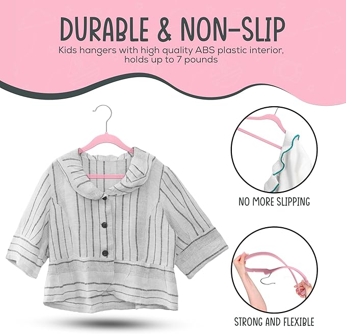 TechZoo 50 Premium Kids Velvet Hangers - 14" Non-Slip Clothes Hangers for Kids & Preteens - Ultra Slim, Space-Saving, Strong & Durable Hangers with 360° Swivel Hook - Pink