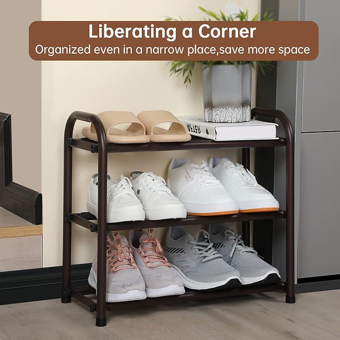 Gonfoam 3-Tier Expandable Shoe Rack,Adjustable Shoe Shelf Storage Organizer Heavy Duty Metal Free Standing Shoe Rack for Entryway Closet Doorway (Bronze)