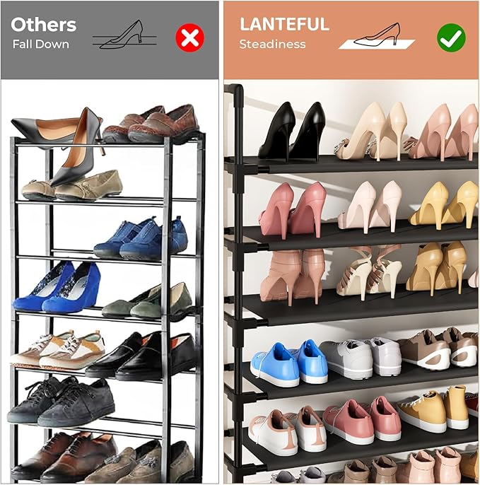 LANTEFUL 11 Tiers Tall Shoe Rack Holds 55 Pairs of Shoes with 18pcs Hooks Sturdy Wide Shoe Organizer Storage Free Standing Metal Shoe Shelf for Closet, Entryway Black