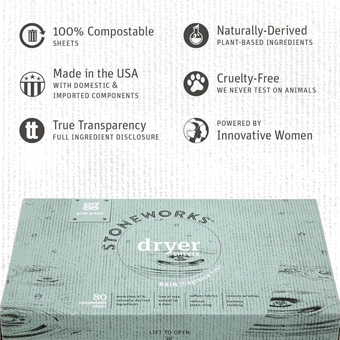 Grab Green, Stoneworks, Dryer Sheets, 80 Compostable Sheets (Rain)
