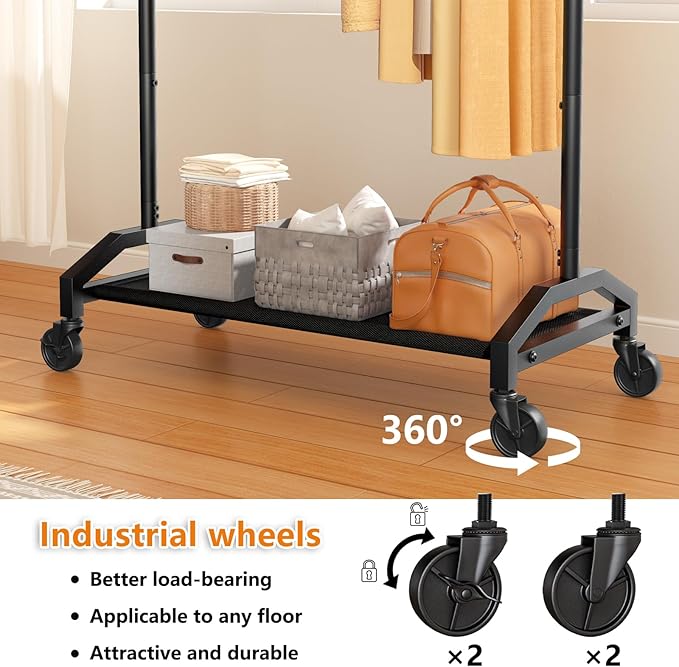 Wiracks Clothes Rack Clothing Racks for Hanging Clothes Heavy Duty Clothes Rack Hanger Rack 200lbs Capacity Industrial Wheels 1" Pipe,Rolling Garment Rack Portable Clothes Rack Black