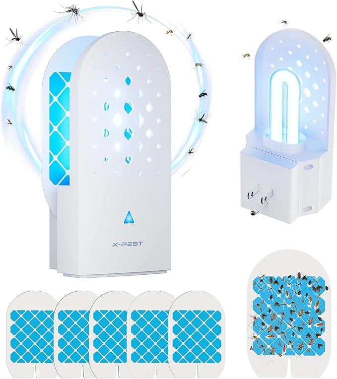 X-PEST Fly Trap Indoor, Gnat Traps with Light Tube, Plug in to Catch Flying Insects, Like Flies, Fruit Flies, Moths, Mosquitoes- Fly Zapper for Indoor Area Use (1 Device+5 Glue Boards)