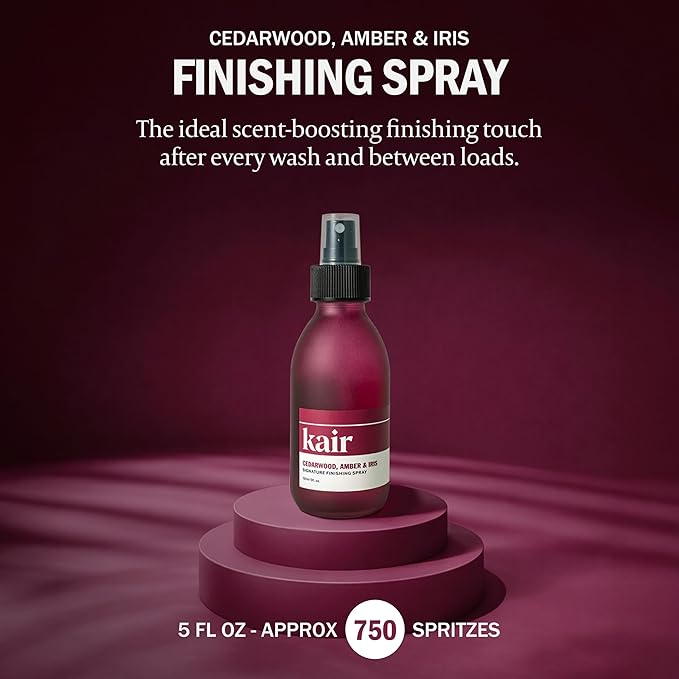 Kair Signature Finishing Spray - Cedarwood, Amber & Iris | Plant-Based Fabric Refresher & Wrinkle Release, 5 Fl Oz (750 Spritzes), Vegan, Cruelty-Free, Biodegradable, Odor-Neutralizing Cozy Scent