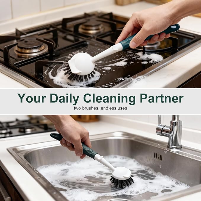 Dish Brush, 2 Pack with Comfortable Handle, with Built-in Scraper, Scrub Brush with Medium Firm bristles for Cleaning Dishes, Sink, Pots(Green)