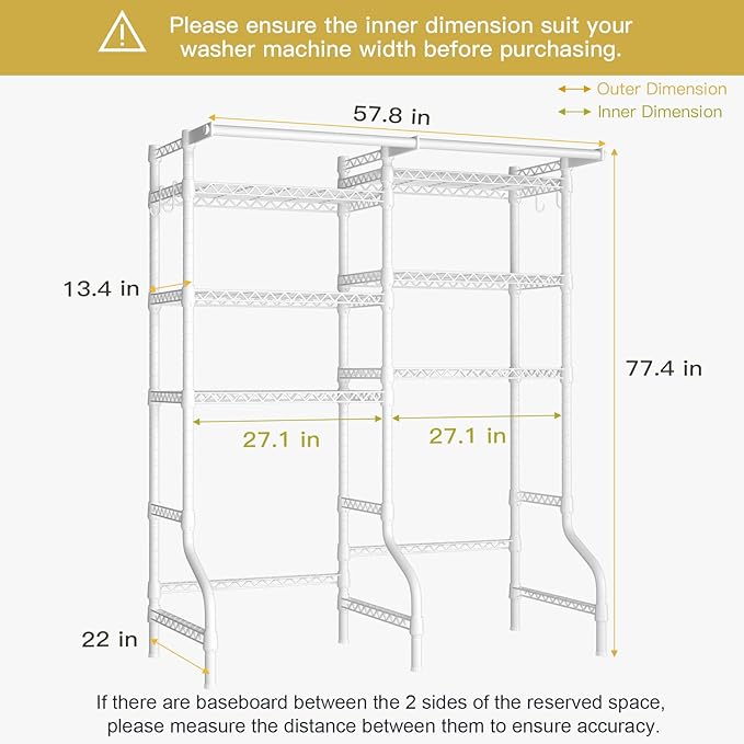 Ulif U13 Medium Over Washer and Dryer Storage Shelves, 6 Tiers Laundry Room Standing Shelf with 2 Hanger Rods, Space Saver Clothes Drying Rack, 57.8" W x 22" D x 77.4" H, White