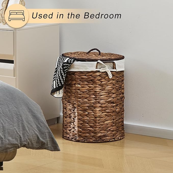 Round Water Hyacinth Laundry Hamper with Lid Handwoven Wicker Basket with Handles for Dirty Clothes, Storage, and Organization, No Assembly Required, 40L