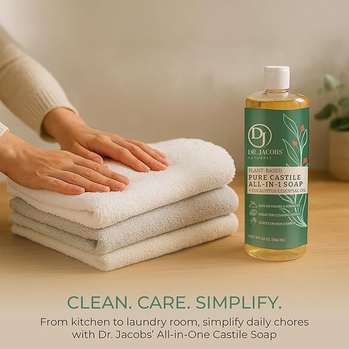 Dr. Jacobs Naturals Eucalyptus Castile All-in-One Cleaner and Soap - Plant-Based Formula for House Cleaning Floors and Appliances - Gentle on Skin and the Planet - 32 oz, 1 Pack