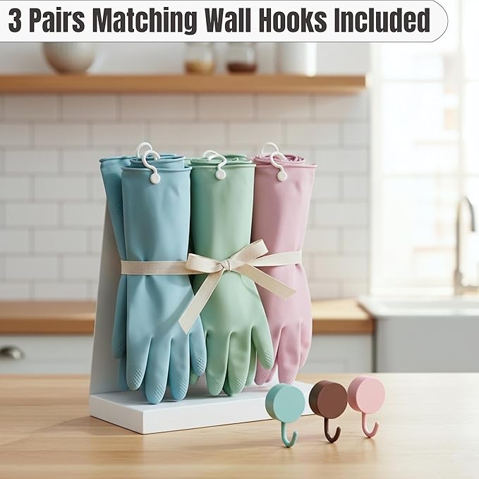 IMARU 3 Pairs Dishwashing Gloves with Hanging Hooks - Reusable Rubber Cleaning Gloves for Household & Kitchen & Gardening, Non-Slip & Waterproof & Durable (Small)
