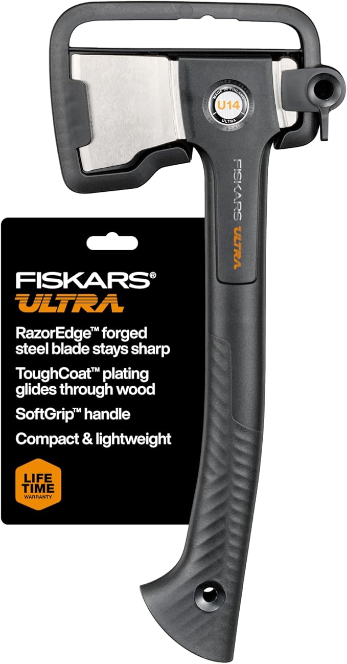 Fiskars Ultra Universal Axe U14, Precision-Ground RazorEdge Double-Hardened Steel Blade Stays Sharp, Lightweight FiberComp Shaft & SoftGrip Handle for Chopping & Kindling, 14", Black