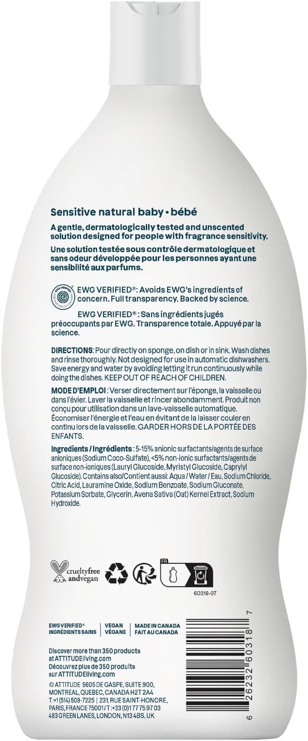 ATTITUDE Baby Bottle & Dish Soap with Oat Extract, EWG Verified Bottle Cleaner For Sensitive Skin, Fragrance Free & Dye Free, Removes Milk Residue & Grease, Vegan, Unscented, 23.7 Fl Oz