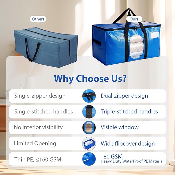 6 Pack Extra Large Moving Bags, Heavy Duty PE Woven Storage Totes with Visible Window & Wrap Around Handles, Reusable Space-Saving Alternative for Home Relocation & Storage