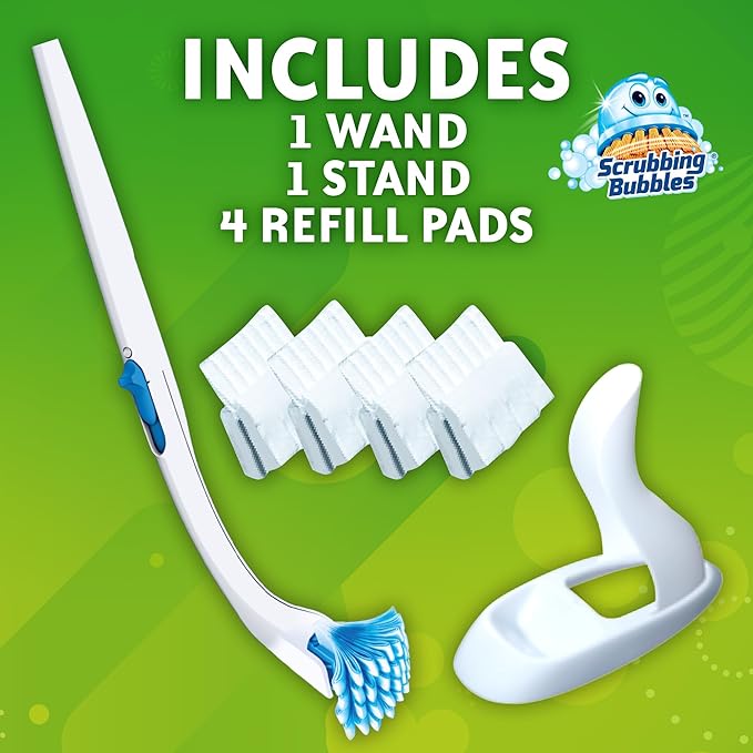 Scrubbing Bubbles Toilet Bowl Cleaning System with Flushable & Disposable Cleaner Refill Pads, Fights Odors and Helps Remove Limescale & Hard Water Stains, Citrus Scent, 1 Wand + 4 Refills + 1 Stand