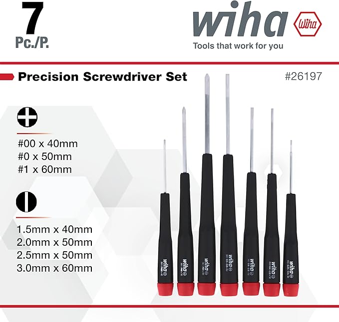 Wiha 26197 Precision Screwdriver Set, 7-Piece Mini Slotted & Phillips, PicoFinish Handles with Rotating Caps, Small Screwdrivers for Electronics & Fine Work