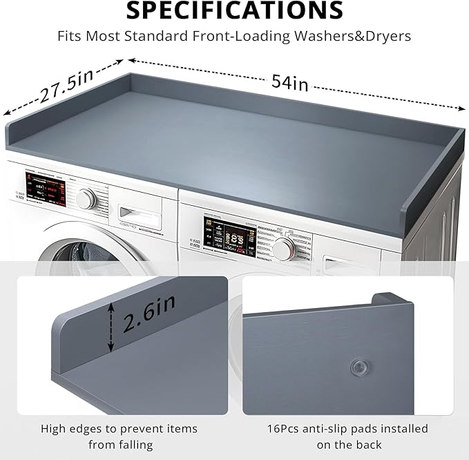 Gashell Washer Dryer Countertop, 27.5" x 54" Bamboo Washer and Dryer Countertop for Laundry Room Organization (Gray)