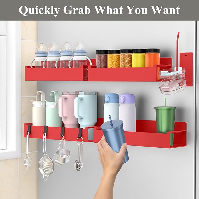 Magnetic Water Bottle Holder for Refrigerator, Cup Holder Organizer for Stanley and Tumbler for Kitchen, 4 Pack, Red