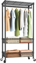 Heavy Duty Clothes Rack Rolling Garment Rack,3 Tier Adjustable Wire Shelving Clothing Racks for Hanging Clothes with Double Rods&Side Hooks,Freestanding Wardrobe Storage Rack Metal Portable Closet