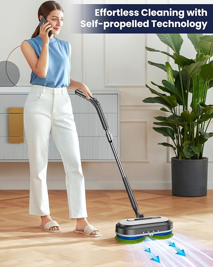 Cordless Electric Mop, Electric Spin Floor Mop with LED Headlights & Water Sprayer, Long-Lasting Battery, Large 290ml Tank, Self-Propelled Floor Cleaner with Adjustable Tube for All Floors