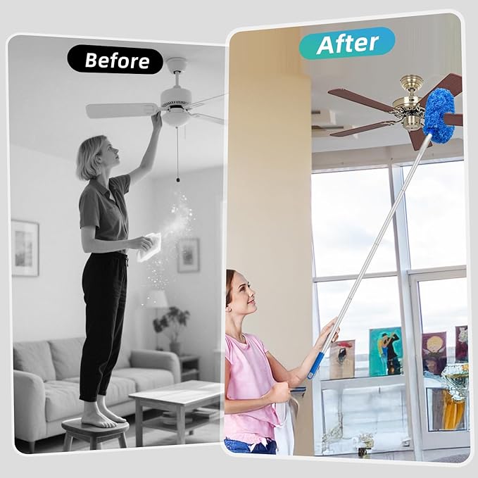 DRQ Ceiling Fan Cleaner Duster, 2 Pack Reusable Microfiber Duster with Extension Pole, 13 to 50 Inch Fan Blade Cleaner, Removable Dusters for Cleaning Walls Bookshelves Door Window Top (Dark Blue)