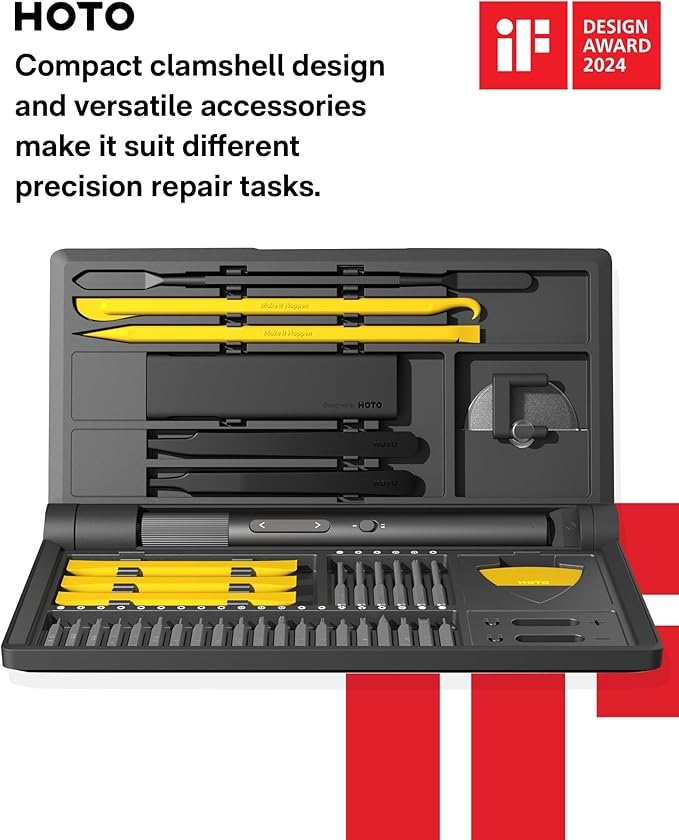 HOTO Precision Screwdriver Set, 110° Upright Workpad, Mini Electric Screwdriver with Charging Dock, 0.05/0.2 N·m Torque, LED Light, 26 Bits and 10 Repair Tools for Electronics, Phones, Laptops