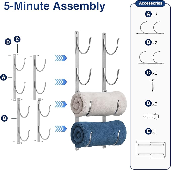 Bathroom Rolled Towel Rack: 4-Tier Wall Mounted Towel Storage Holder, Hanging Organizer for Towels, Blankets, Large Bath Sheets, Space Saving in RV, Closet, Toilet, Cabinet, Silver