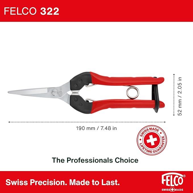 Felco F322 Pruning Snips – 9.84" Garden Clippers with Curved Blade & Rounded Tip | Pruning Shears for Gardening | Garden Snips and Pruners with Carbon Steel Blade, Sap Groove